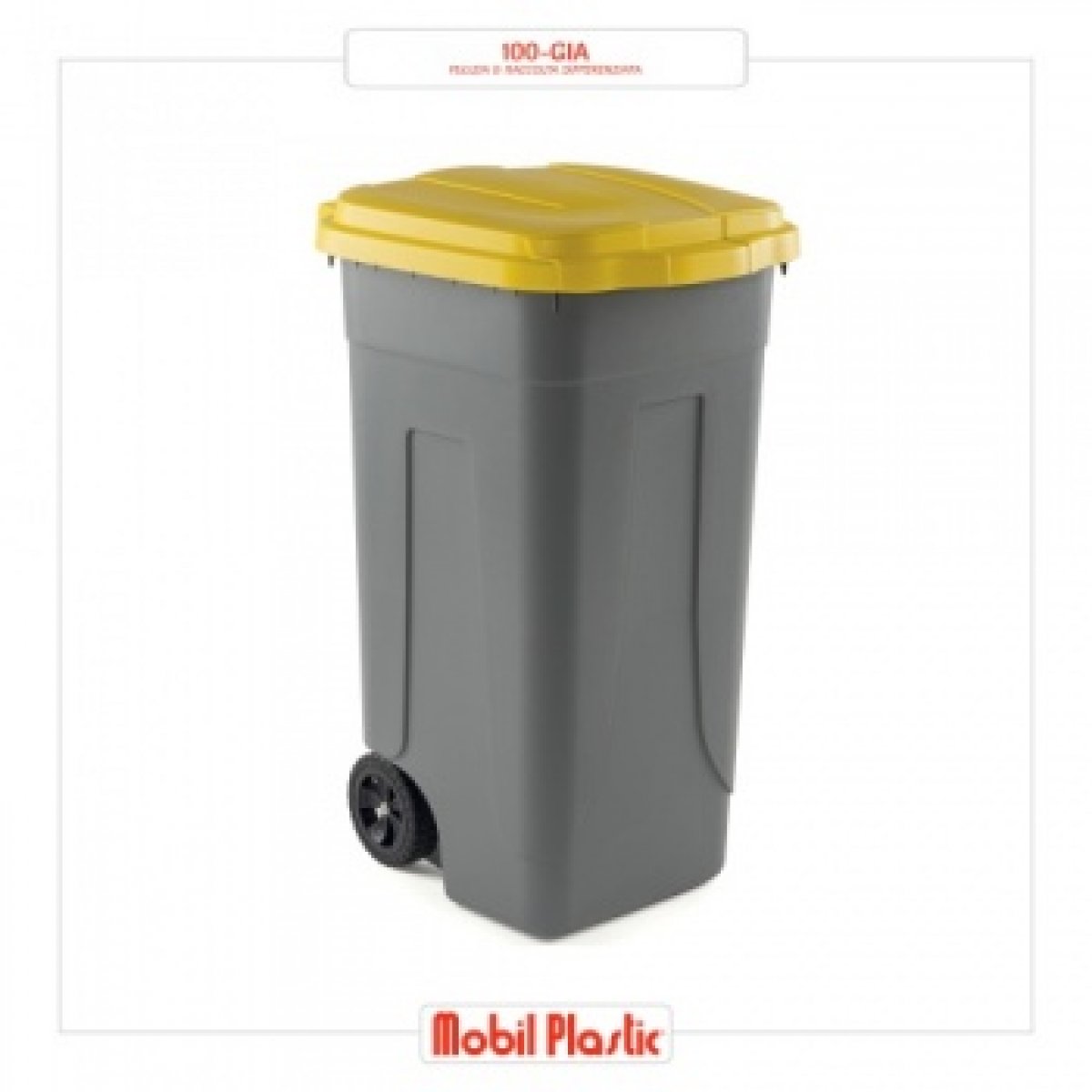 BIDONE CON RUOTE RACCOLTA DIFFERENZIATA COLORE GRIGIO CON COPERCHIO GIALLO LT.100 MOBIL PLASTIC