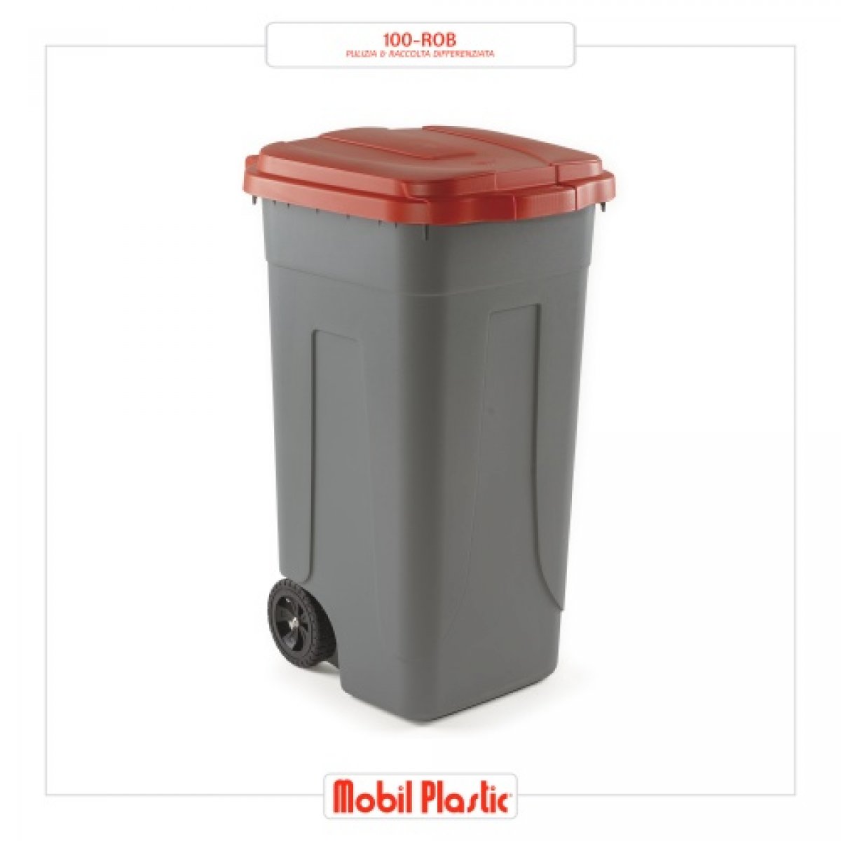 BIDONE CON RUOTE RACCOLTA DIFFERENZIATA COLORE GRIGIO CON COPERCHIO ROSSO LT.100 MOBIL PLASTIC