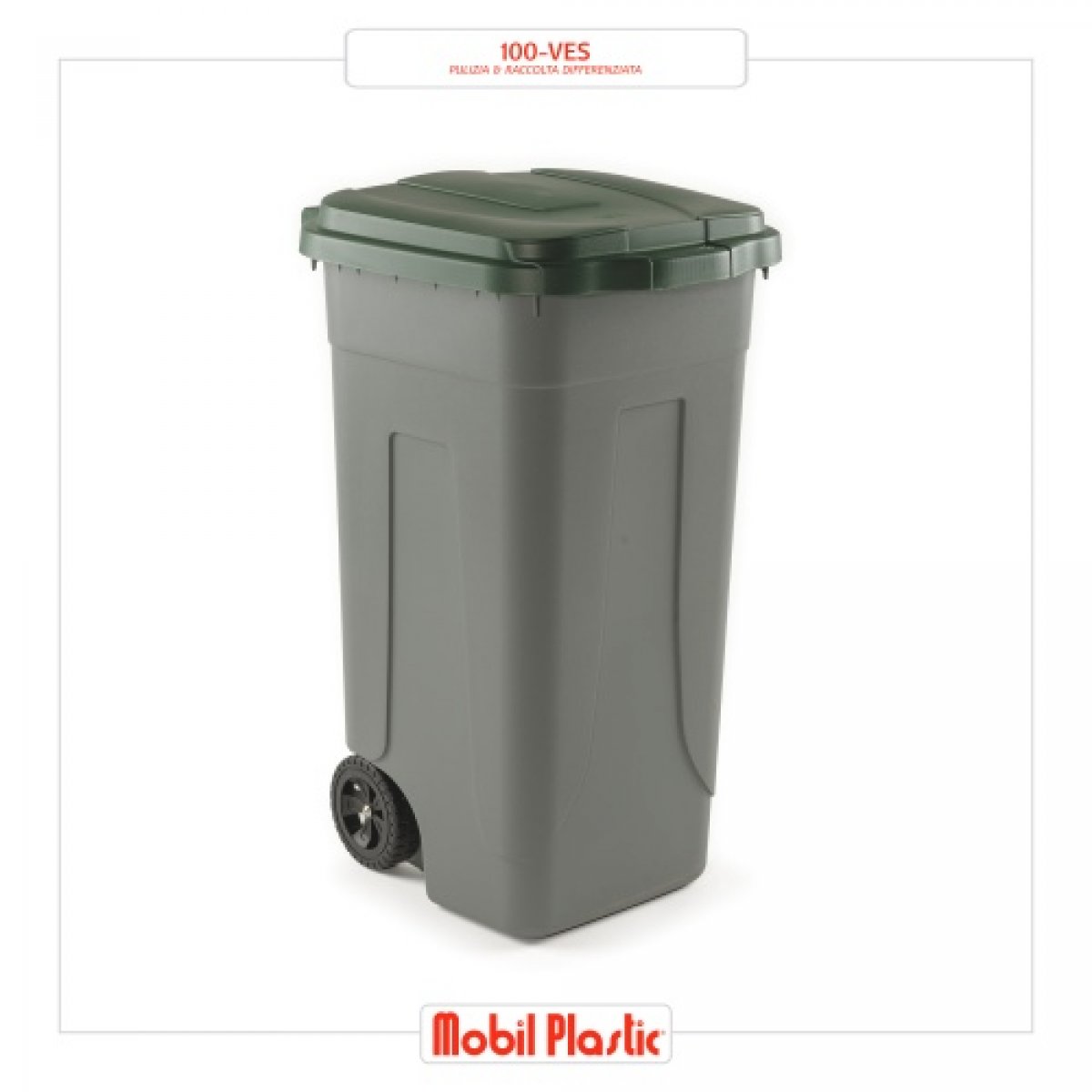 BIDONE CON RUOTE RACCOLTA DIFFERENZIATA COLORE GRIGIO CON COPERCHIO VERDE SCURO LT.100 MOBIL PLASTIC