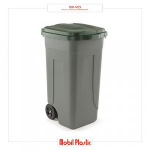 BIDONE CON RUOTE RACCOLTA DIFFERENZIATA COLORE GRIGIO CON COPERCHIO VERDE SCURO LT.100