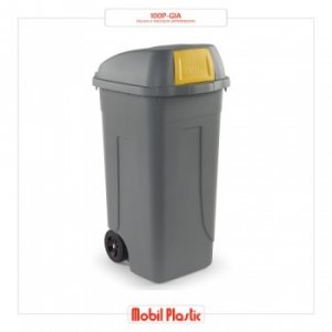 BIDONE PUSH CON RUOTE RACCOLTA DIFFERENZIATA COLORE GRIGIO CON SPORTELLINO GIALLO LT.100