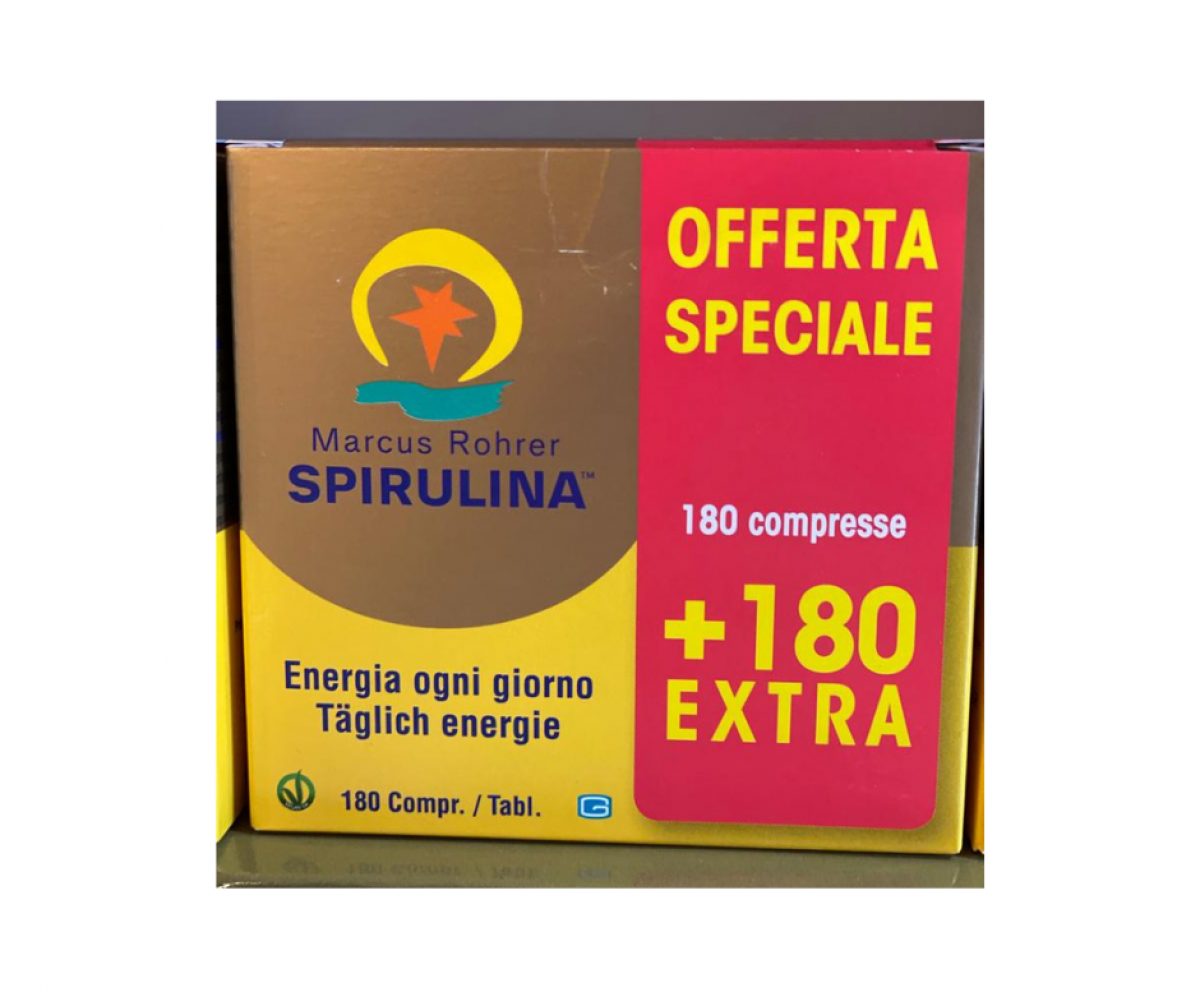 SPIRULINA ® Marcus Rohrer 180+180 compresse Microalga ricca di sostanze nutritive indicata per mantenere la funzionalità del tessuto muscolare, come sostegno allo stress psico-fisico, come rinforzo del sistema immunitario. Confezione da 180+ 180 compresse.