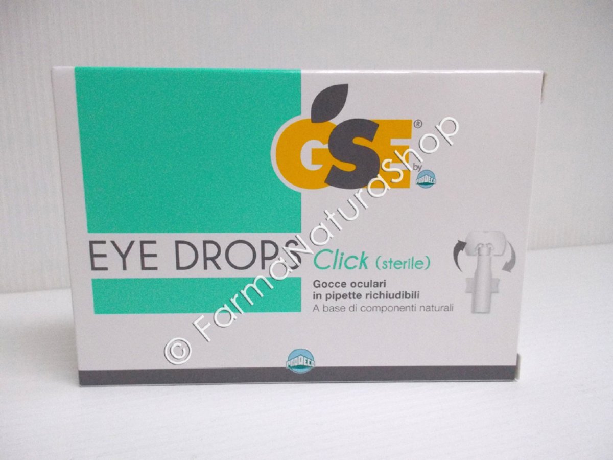 GSE Eye Drops Click - Prodeco Pharma GSE Eye Drops Click forma sull’occhio un film protettivo, in grado di contrastare prurito, bruciore e stanchezza dovuti a smog, polvere, fumo, vento e lenti a contatto. Confezione: 10 pipette richiudibili da 0,5 ml.