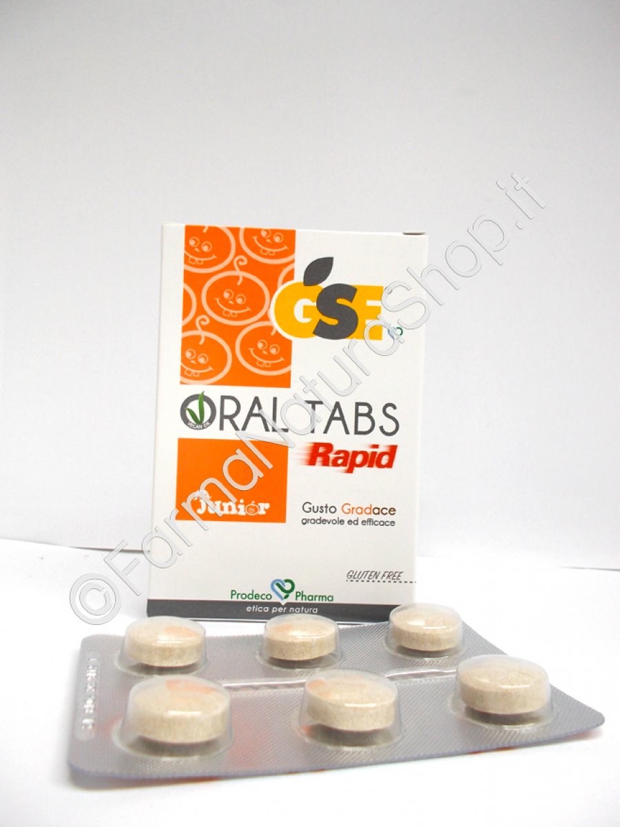 GSE ORAL TABS RAPID JUNIOR - Prodeco Pharma Dispositivo Medico per il trattamento e la prevenzione degli stati infiammatori della mucosa orofaringea, quali faringiti, tonsilliti, mal di gola, tosse irritativa. Confezione da 12 compresse.