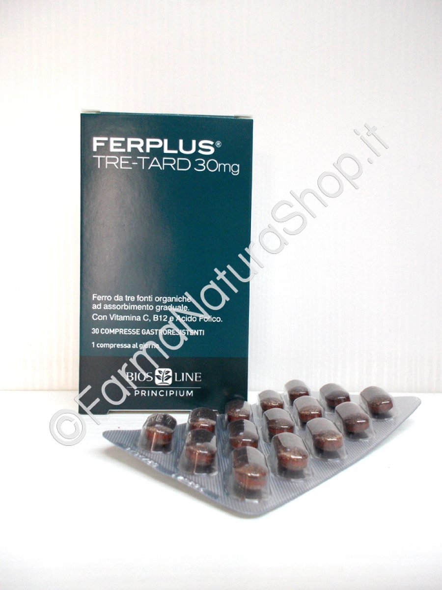 PRINCIPIUM FERPLUS® TRE-TARD 30 mg - Bios Line Ferro da tre fonti organiche ad assorbimento graduale. 3 fonti di ferro organico, 3 tempi di rilascio per un migliore assorbimento. 30 compresse gastroresistenti.