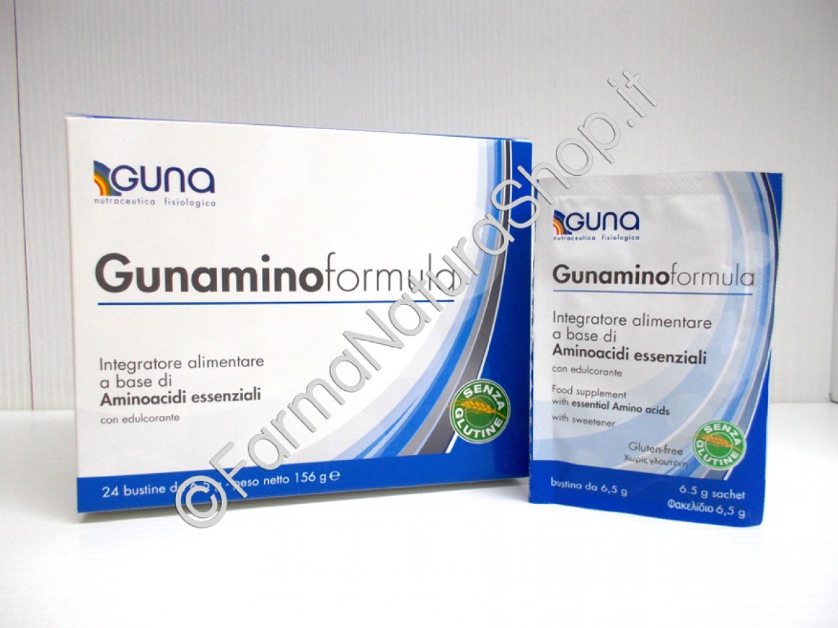 GUNA GUNAMINO FORMULA 24 Bustine Integratore alimentare dalla composizione ideale e bilanciata di Aminoacidi essenziali, indicato nei casi di ridotto apporto di tali nutrienti o in caso di aumento del loro fabbisogno. 24 bustine da 6,5 g