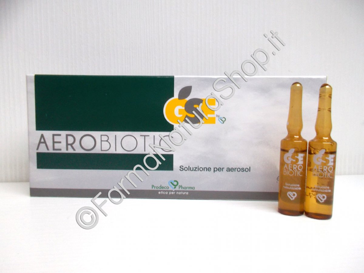 GSE Aerobiotic - Prodeco Pharma Soluzione, nebulizzabile tramite apparecchio per aerosol, a base di Estratto di semi di Pompelmo, Echinacea, Drosera, Pino mugo e Timo. Confezione: 10 fiale monouso da 5 ml per aerosol pronte per l’uso.