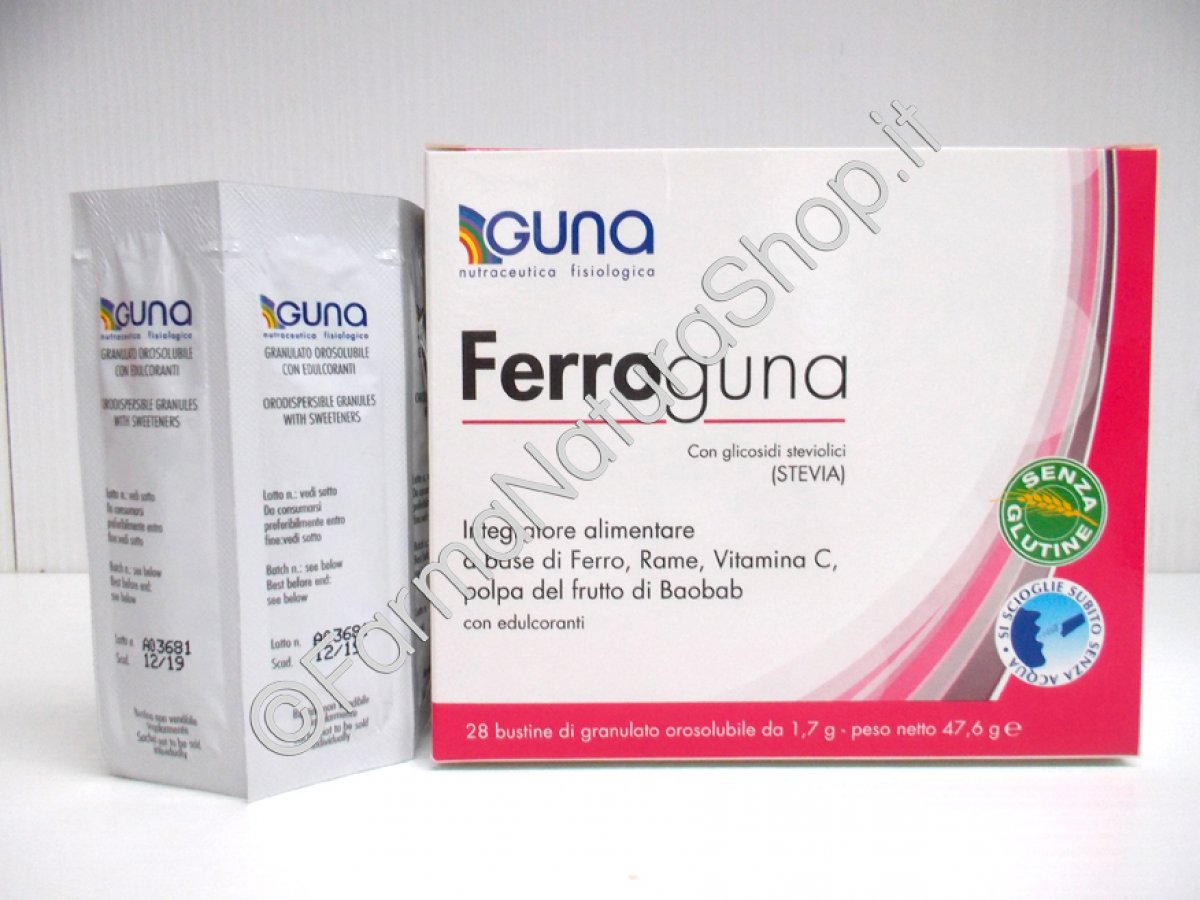 GUNA FERROGUNA - Integratore a base di ferro Integratore alimentare a base di Ferro, Rame, Vitamina C, con polpa disidratata del frutto del Baobab. - 28 Bustine da 1,7 g