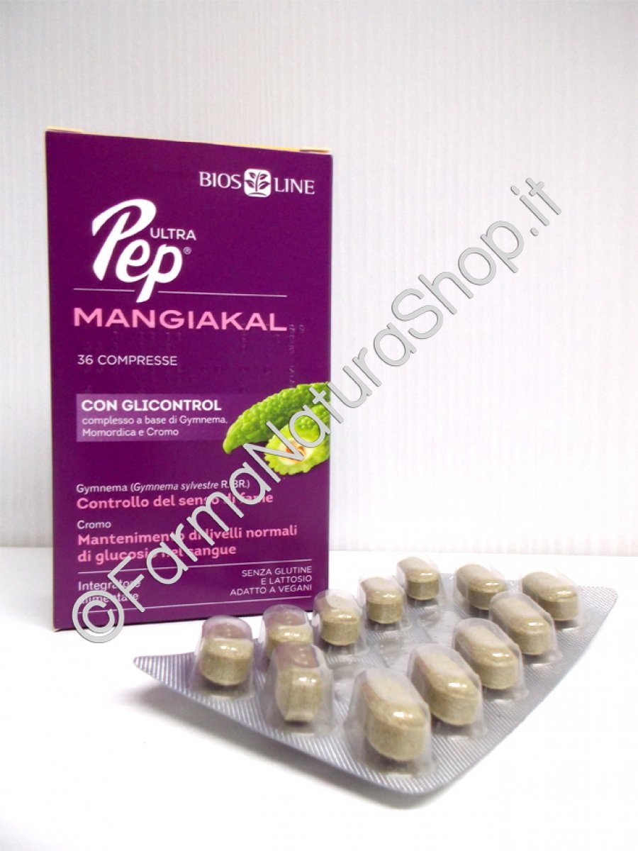 ULTRA PEP® MangiaKal con Glicontrol® - BIOS LINE Formulazione a base di estratti vegetali che permettono di ridurre l’assorbimento di carboidrati e zuccheri semplici riducendo la quantità di calorie assorbite e la presenza di zuccheri nel sangue. 36 compresse