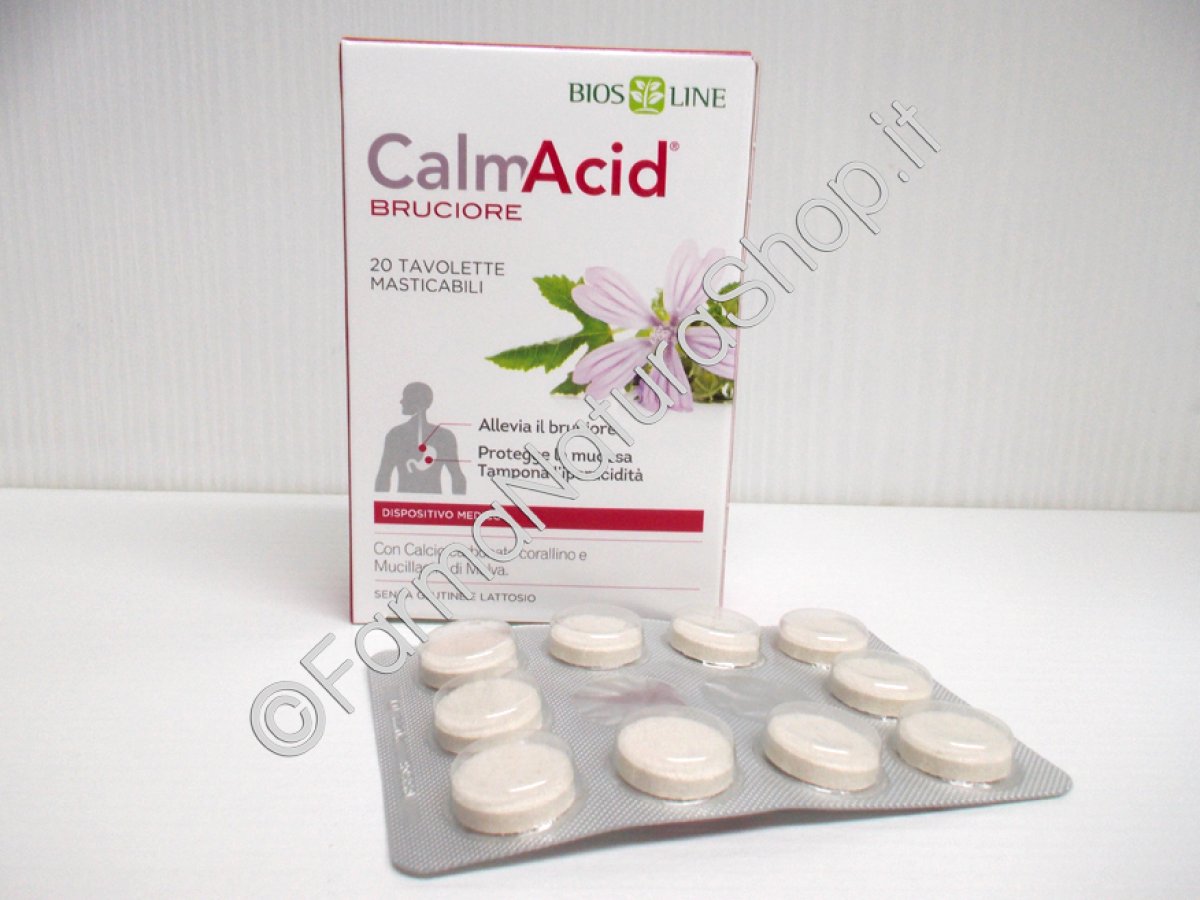 CalmAcid Bruciore 20 Tavolette masticabili - Bios Line Triplice azione contro l'acidità di stomaco: protegge la mucosa, allevia il bruciore e tampona l'iperacidità. 20 Tavolette masticabili