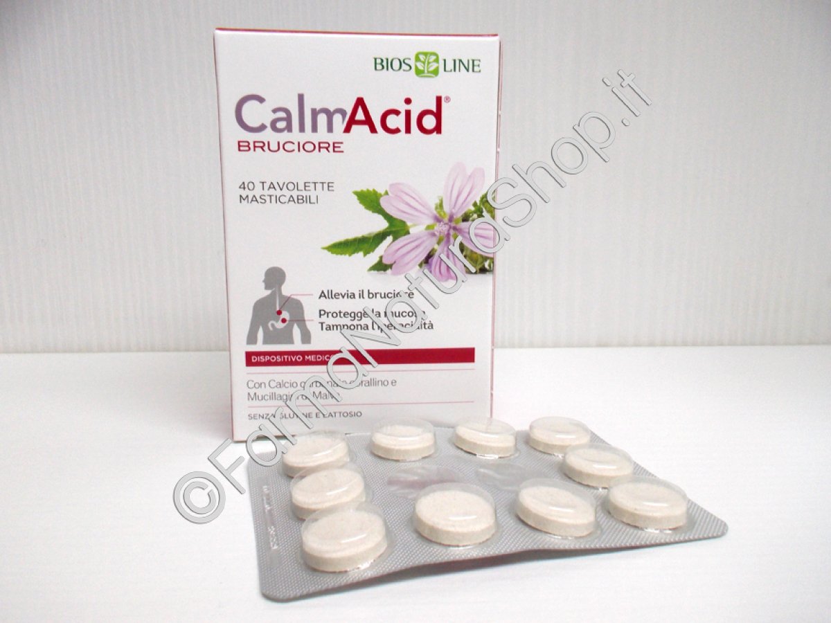 CalmAcid Bruciore 40 Tavolette masticabili - Bios Line Triplice azione contro l'acidità di stomaco: protegge la mucosa, allevia il bruciore e tampona l'iperacidità. 40 Tavolette masticabili