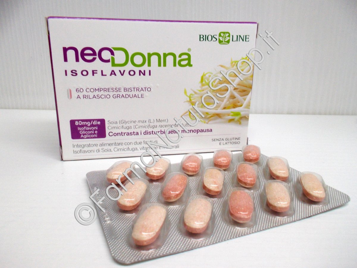 NeoDonna Isoflavoni Integratore - Bios Line Integratore di isoflavoni di soia in compresse per affrontare i fastidiosi disturbi della menopausa. 60 compresse a rilascio graduale