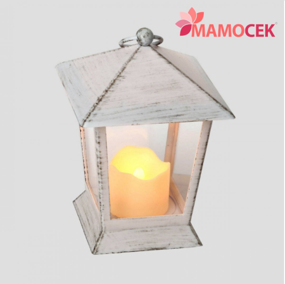 LANTERNA Portacandela bianca cm 10,5 h24 quadrata con led decorazione shabby