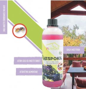 Insetticida VESPOKIL Flacone da 500 ml. Liquido a base alimentare per la cattura di vespe, calabroni e moscerini, da utilizzarsi con l'apposito contenitore.