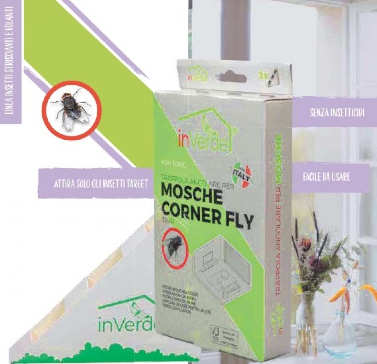 Trappola insetticida angolare per mosche - Confezione: 2 trappole in un flow-pack trasparente in plastica PP INVERDE