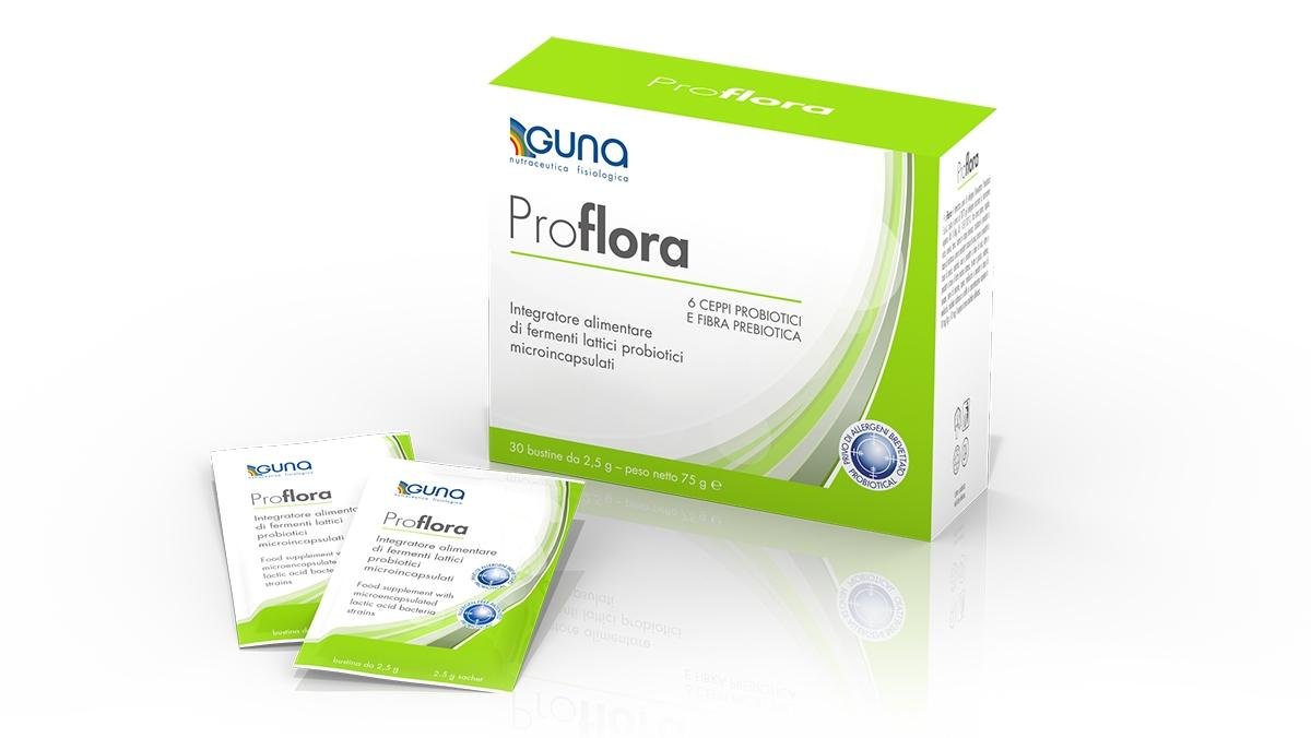 GUNA PROFLORA - Fermenti Lattici Integratore alimentare simbiotico per riequilibrare l'ecosistema intestinale. 10 bustine: 2 miliardi di cellule probiotiche vive per bustina garantite.