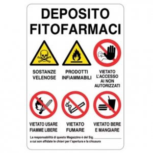 Cartello deposito fitofarmaci con pericoli e divieti in alluminio 200 x 300 mm