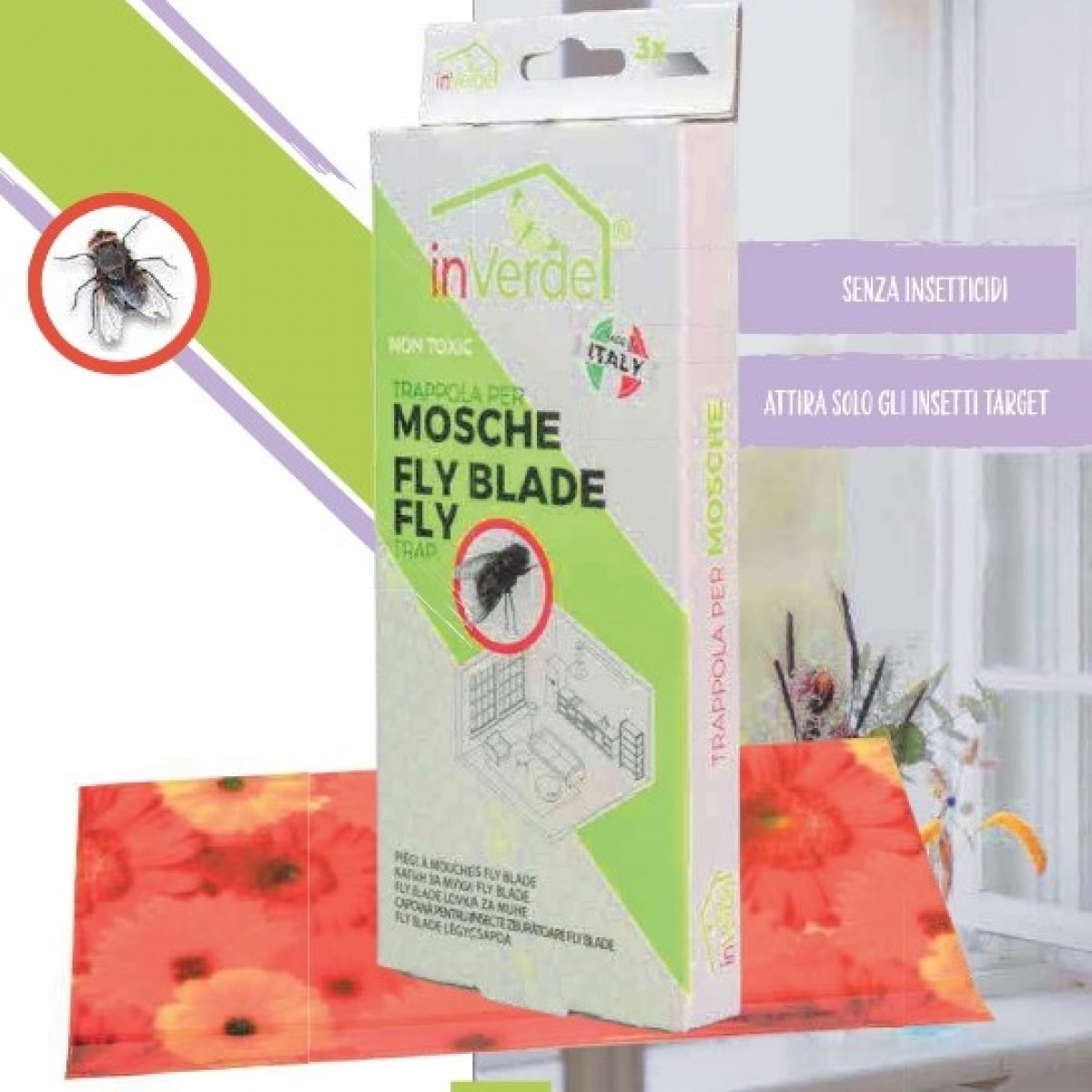 Trappola insetticida per mosche fly blade - Confezione: 3 trappole in un flow-pack trasparente in plastica PP INVERDE