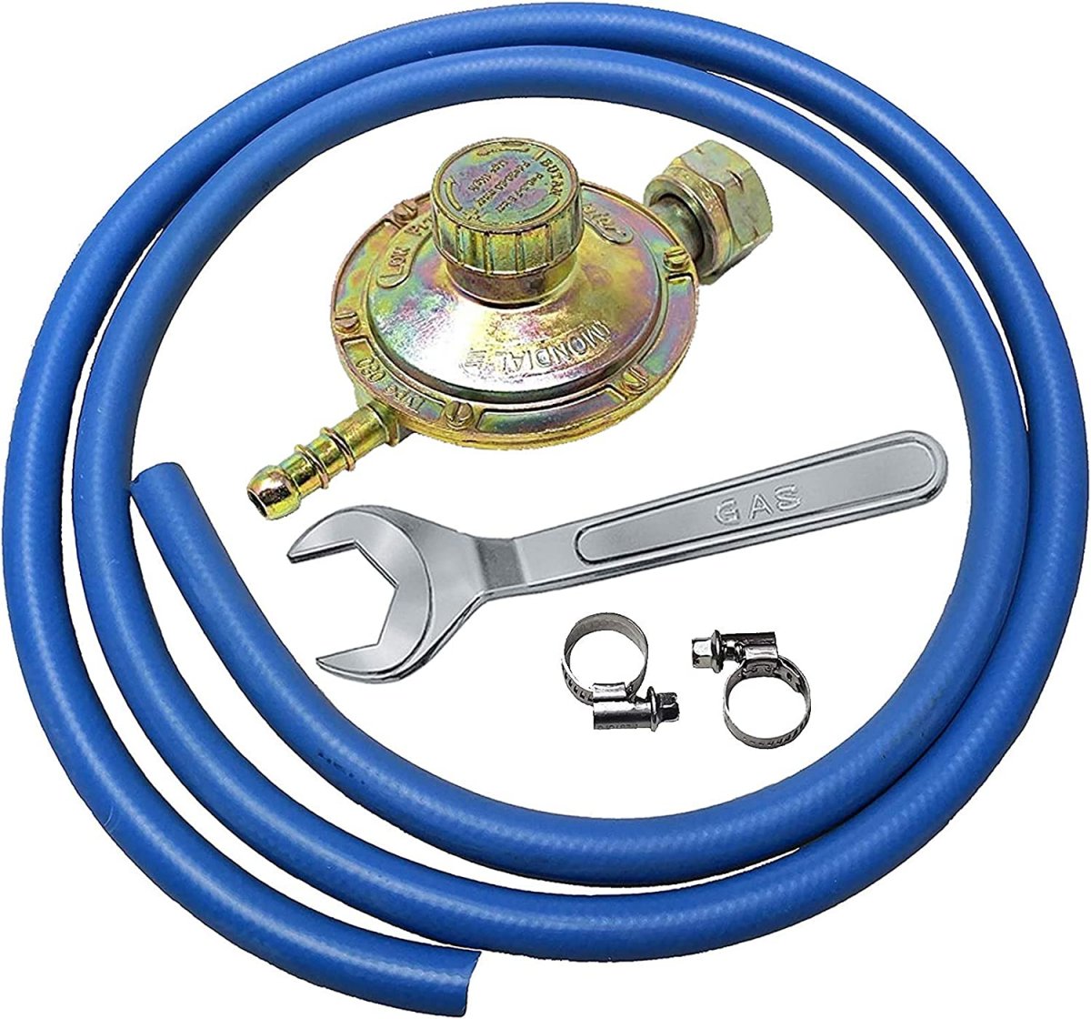 Regolatore BASSA PRESSIONE Taratura Variabile per Bombole GPL + 1,5 mt Tubo + 2 Fascette + 1 Chiave PROJECT03