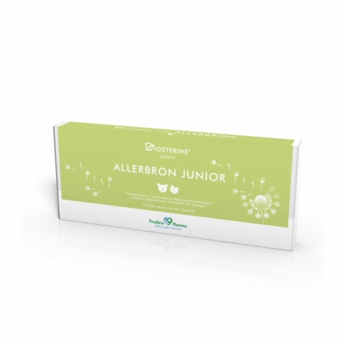 BIOSTERINE® ALLERGY ALLERBRON JUNIOR Fiale - Prodeco Pharma Soluzione isotonica per aerosol indicata per la prevenzione ed il trattamento della sintomatologia bronco-respiratoria correlata ad allergie come asma allergico e riniti allergiche nei bambini. 10 fiale monouso da 5 ml per aerosol
