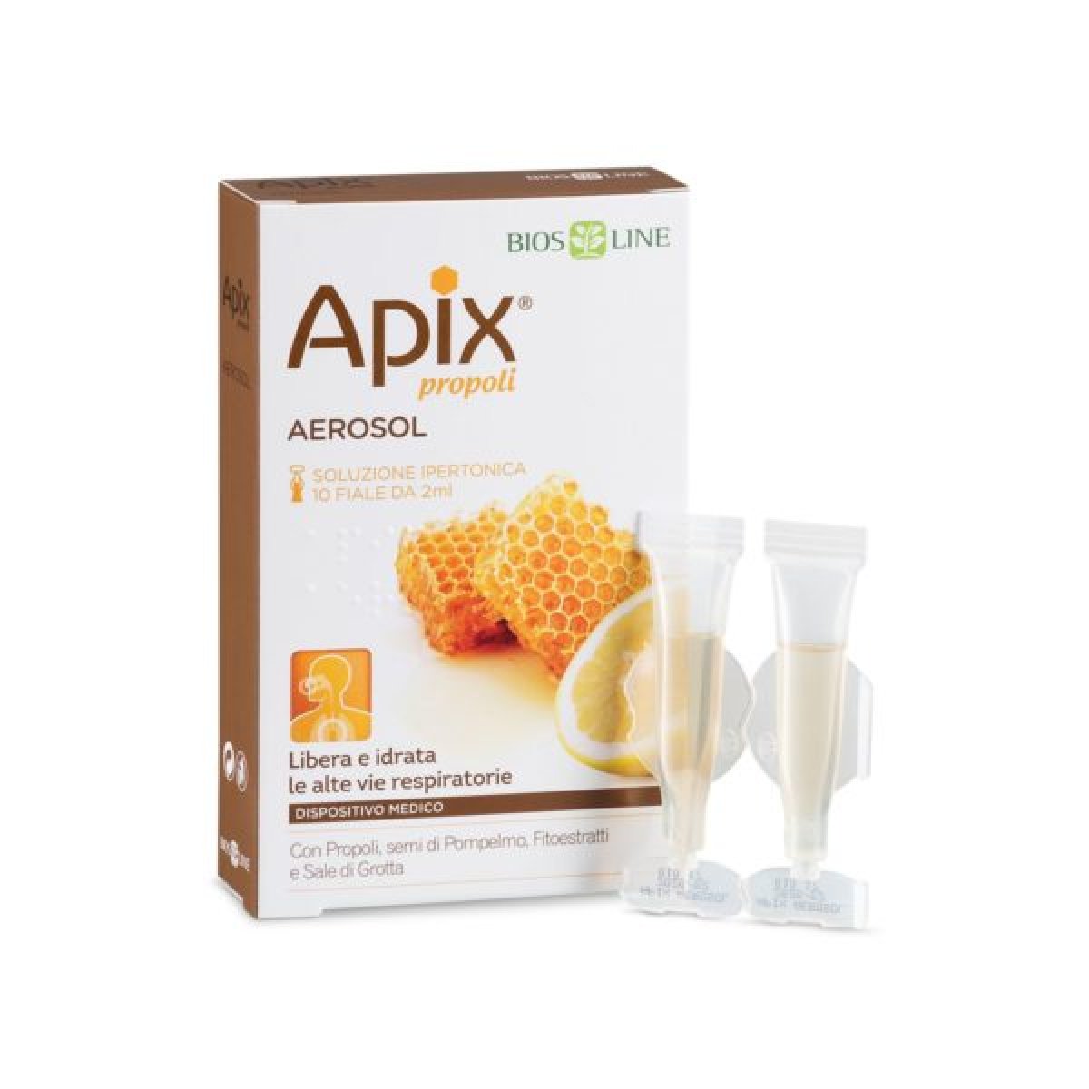 APIX® PROPOLI Aerosol - Bios Line Apix® Propoli Aerosol, ideale per la pulizia e l'idratazione delle vie respiratorie e per favorire l'eliminazione del muco. 10 fiale monodose da 2 ml