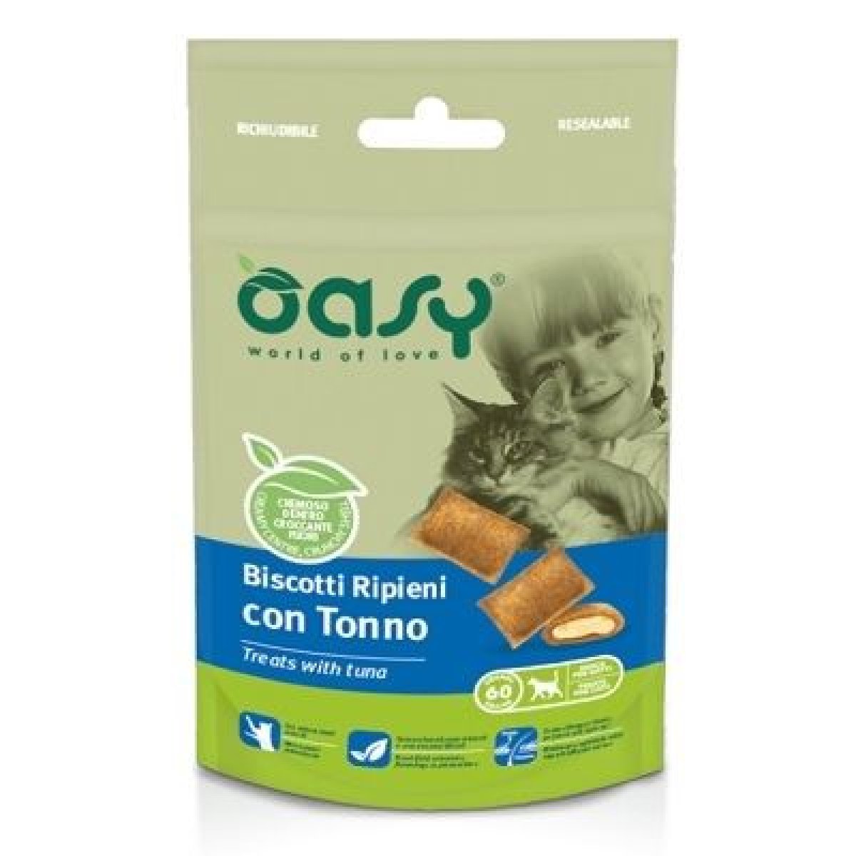 OASY GATTO SNACK BISCOTTI RIPIENI TONNO 60GR