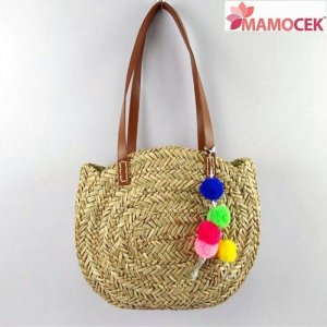 BORSA Coffa donna erba ponpon color 38h32 paglia mare spiaggia