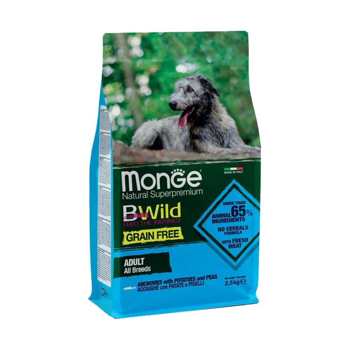 MONGE CANE B-WILD GRAIN FREE ALL BREED ADULT ACCIUGHE PATATE PISELLI 2,5KG