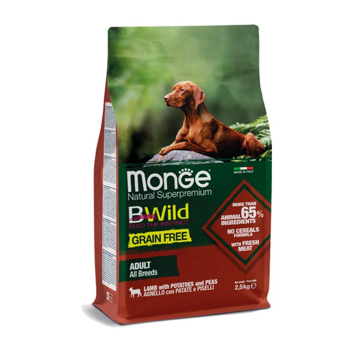 MONGE CANE B-WILD GRAIN FREE ALL BREED ADULT AGNELLO PATATE PISELLI 2,5KG