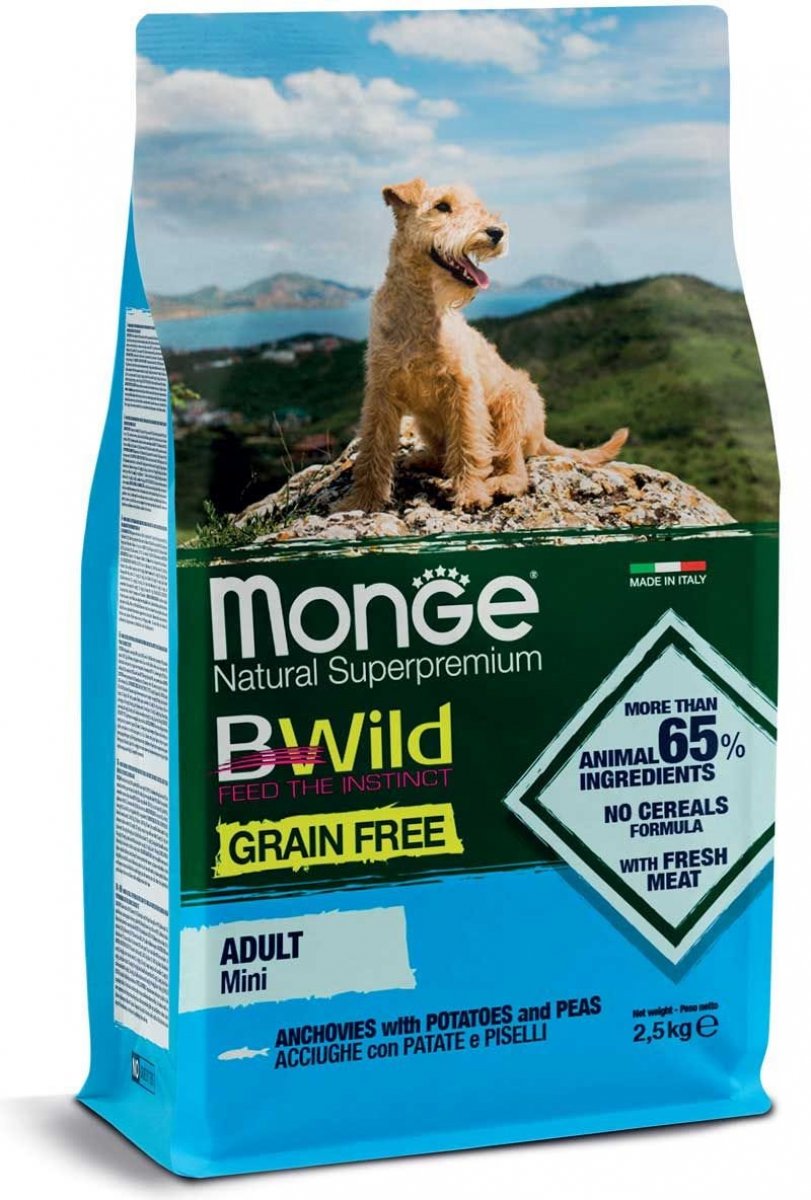 MONGE CANE B-WILD GRAIN FREE MINI ADULT ACCIUGHE PATATE PISELLI 2,5KG