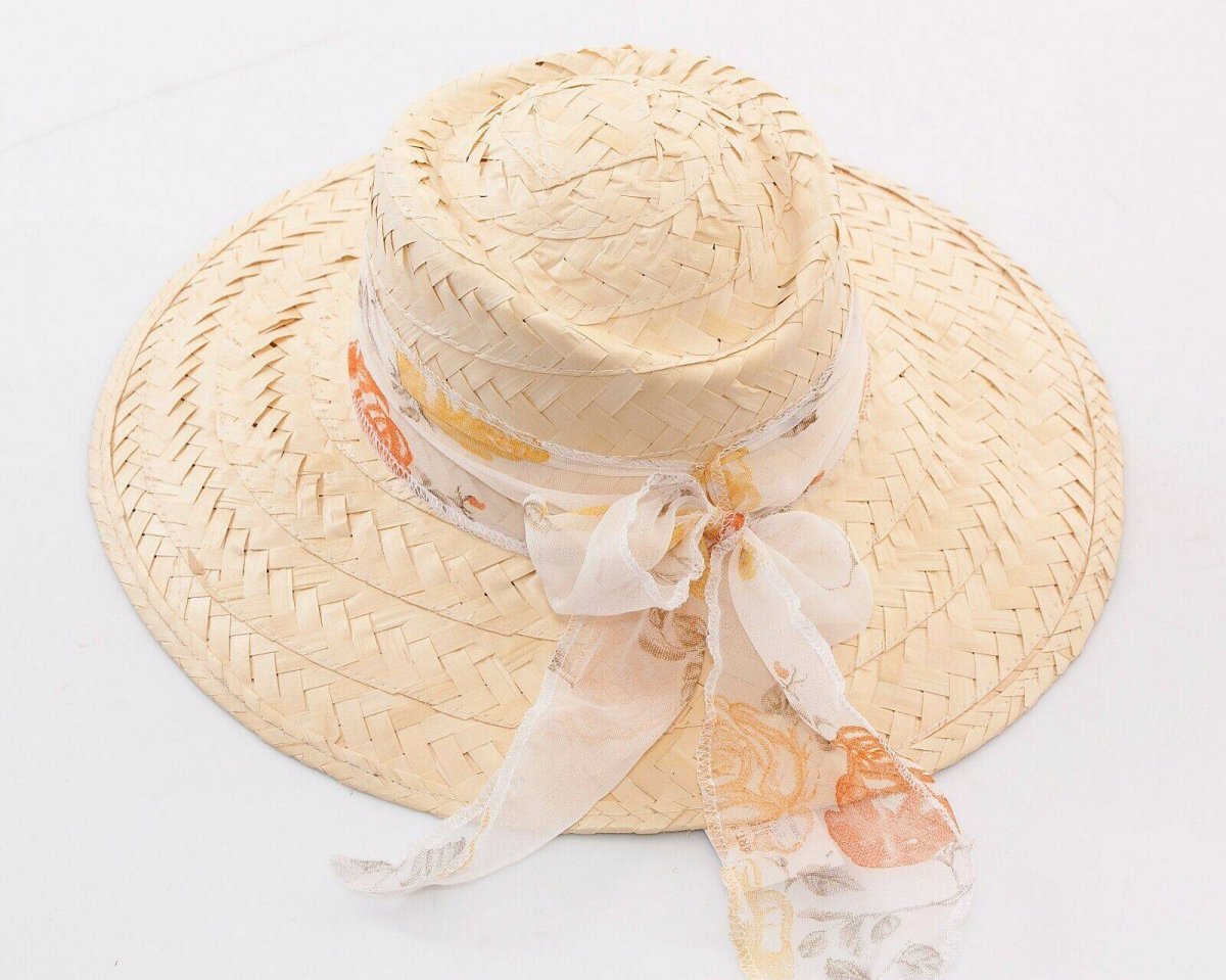 CAPPELLO Donna tesa larga passeggio spiaggia mare paglia fascia tessuto floreale chiaro Arancio Giallo 