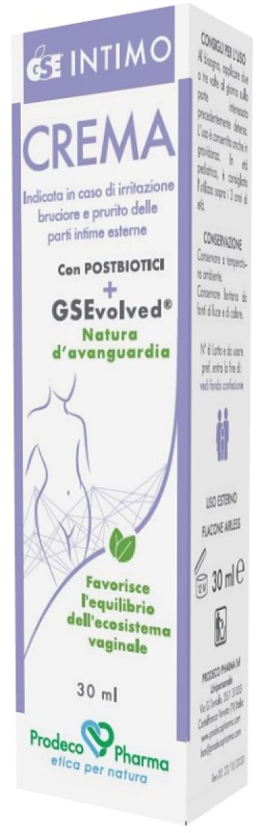 GSE Intimo Crema - Prodeco Pharma GSE Intimo Crema è un prodotto formulato per le parti intime esterne in caso di prurito, bruciore, irritazione, secchezza e odore sgradevole. Confezione: tubo airless da 30 ml.