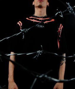 Phobia Archive T-Shirt with BARBED WIRE Black ORANGE