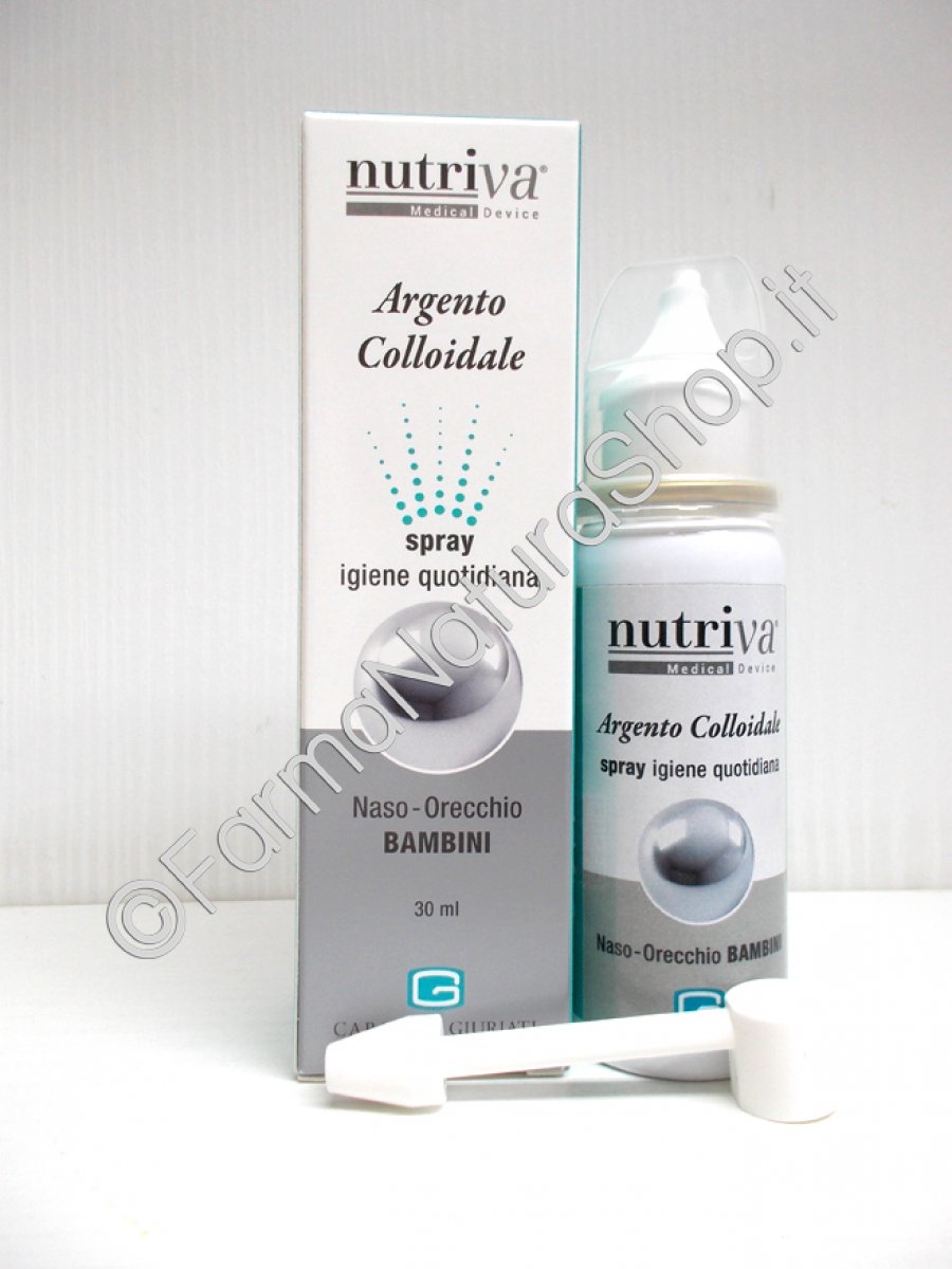 NUTRIVA ARGENTO COLLOIDALE Spray Bambini Argento Colloidale Spray Bambini è una soluzione di argento colloidale a 20ppm, indicata per l'igiene quotidiana o in caso di infiammazioni del naso e dell'orecchio. Spray da 30 ml.