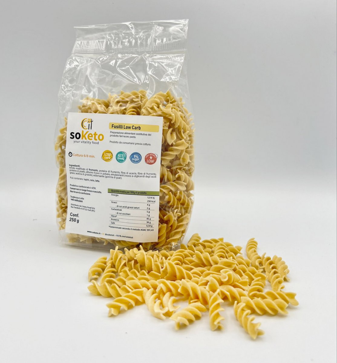 FUSILLI LOW CARB & KETO CON SOLO 5% DI CARBOIDRATI E 1 % DI ZUCCHERI (7/8 porzioni conf. 500 gr)