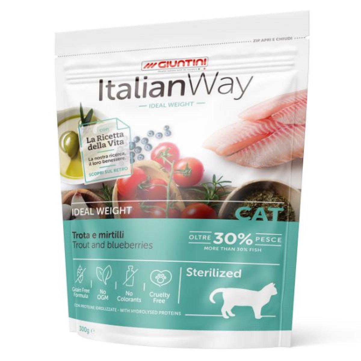 ITALIAN WAY IDEAL WEIGHT alimento per gatti adulti TROTA GRAIN FREE 300 gr 