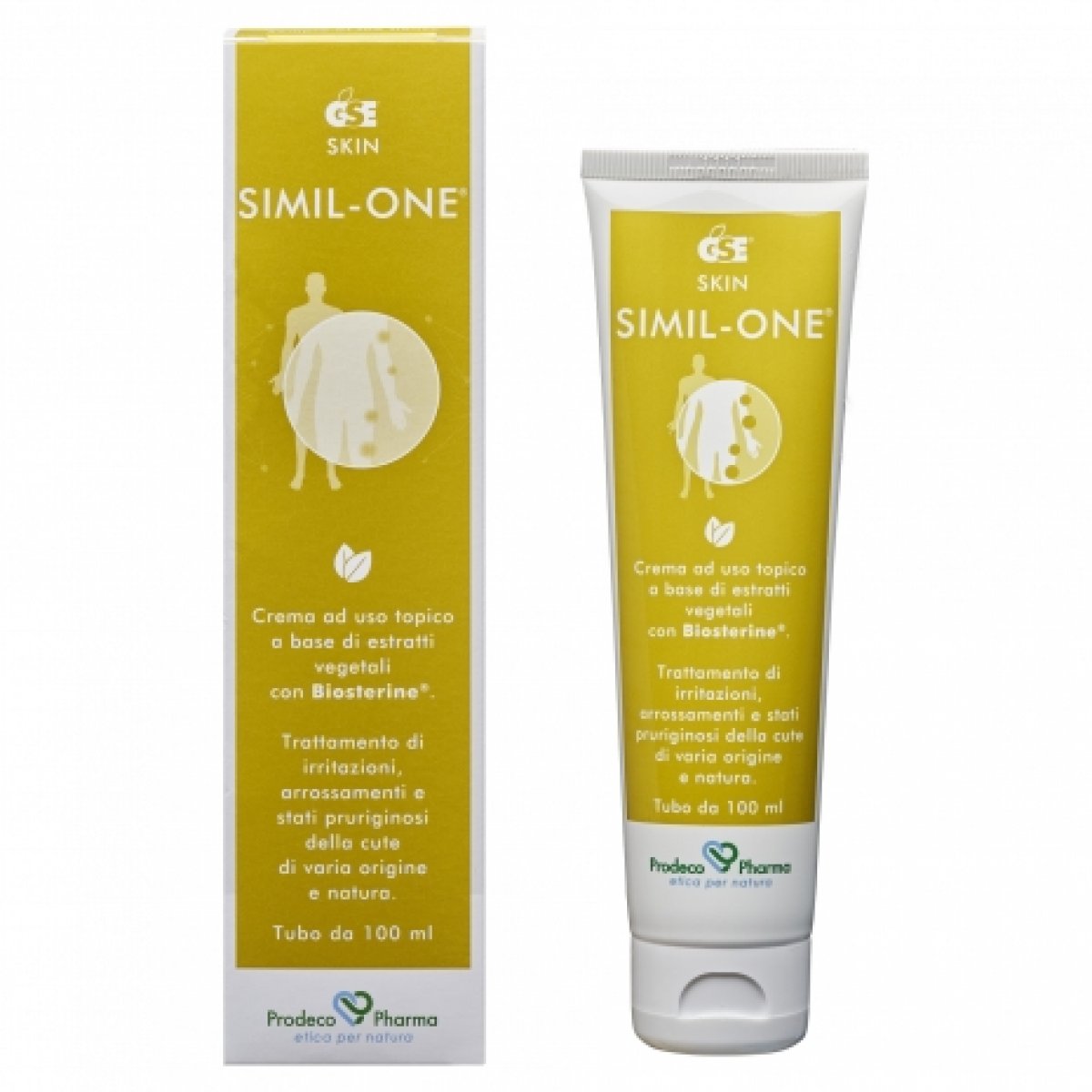 GSE SIMIL-ONE® Crema 100 ml - Prodeco Pharma GSE Simil-ONE ® è una crema ad uso topico a base di estratti vegetali con Biosterine® per il trattamento di irritazioni, arrossamenti e stati pruriginosi della cute, di varia origine e natura. Tubo da 100 ml