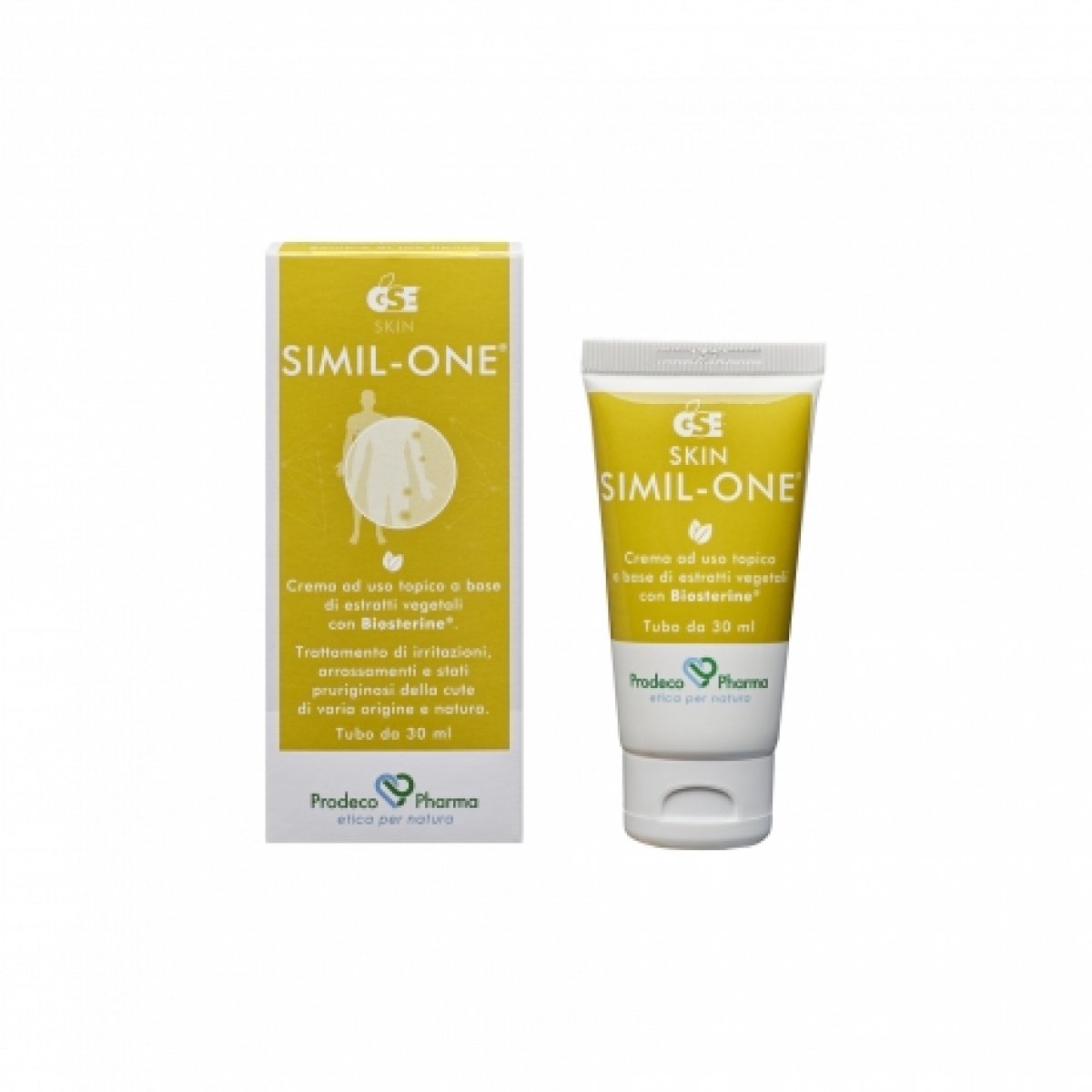 GSE SIMIL-ONE® Crema 30 ml - Prodeco Pharma GSE Simil-ONE ® è una crema ad uso topico a base di estratti vegetali con Biosterine® per il trattamento di irritazioni, arrossamenti e stati pruriginosi della cute, di varia origine e natura. Tubo da 30 ml