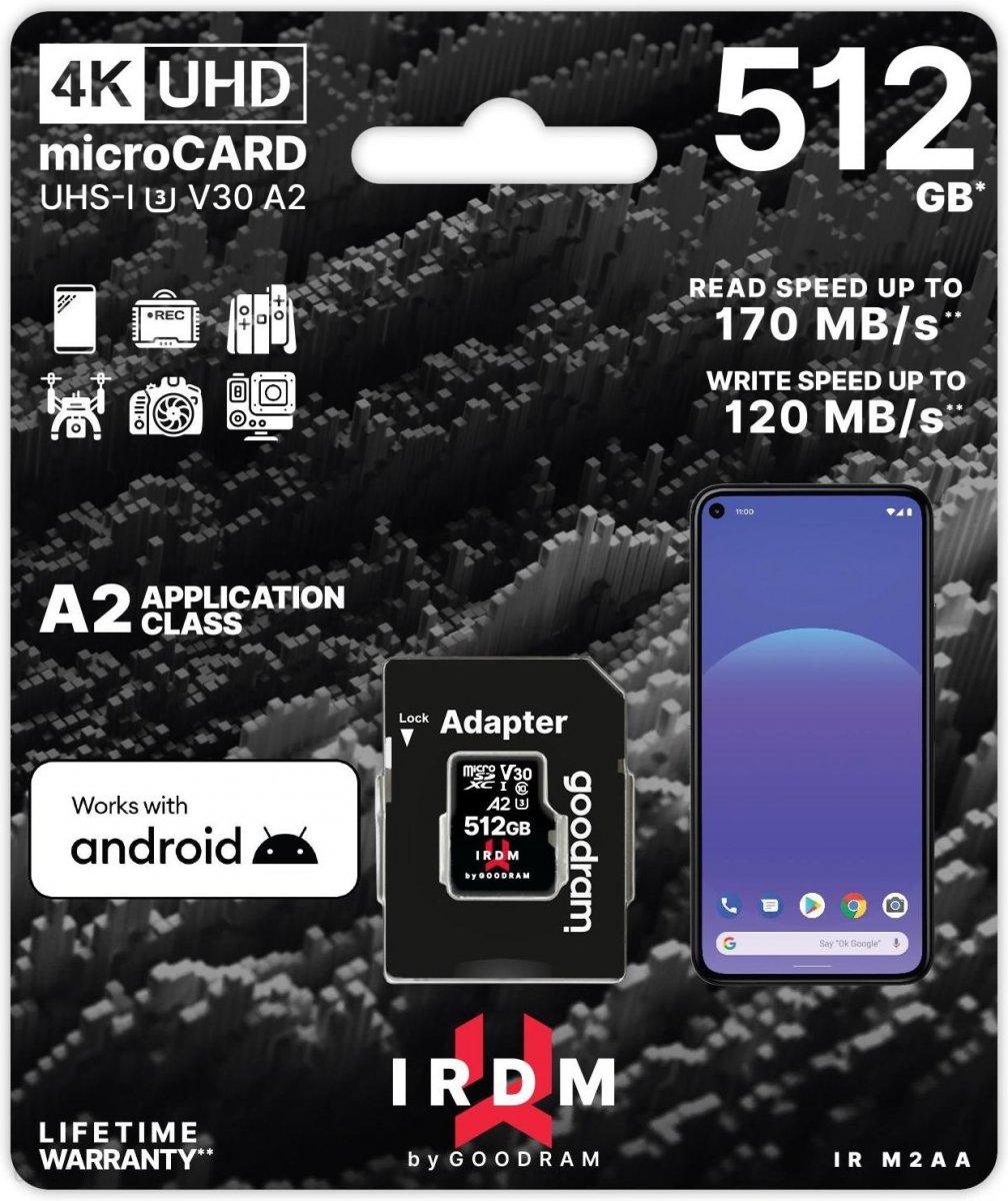 microSD IRDM by GOODRAM 512GB UHS I U3 A2 + adapter 
