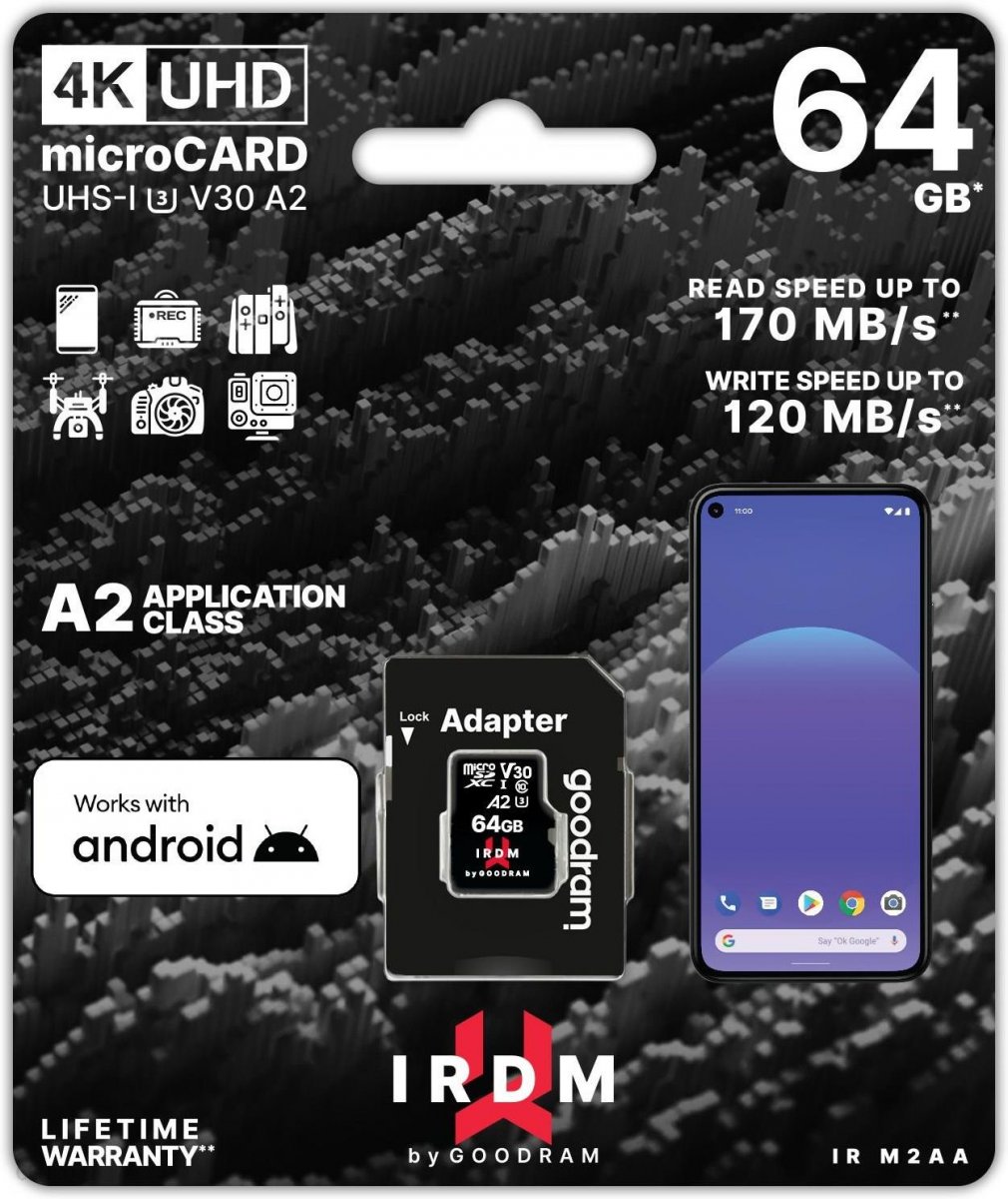 microSD IRDM by GOODRAM 64GB UHS I U3 A2 + adapter 