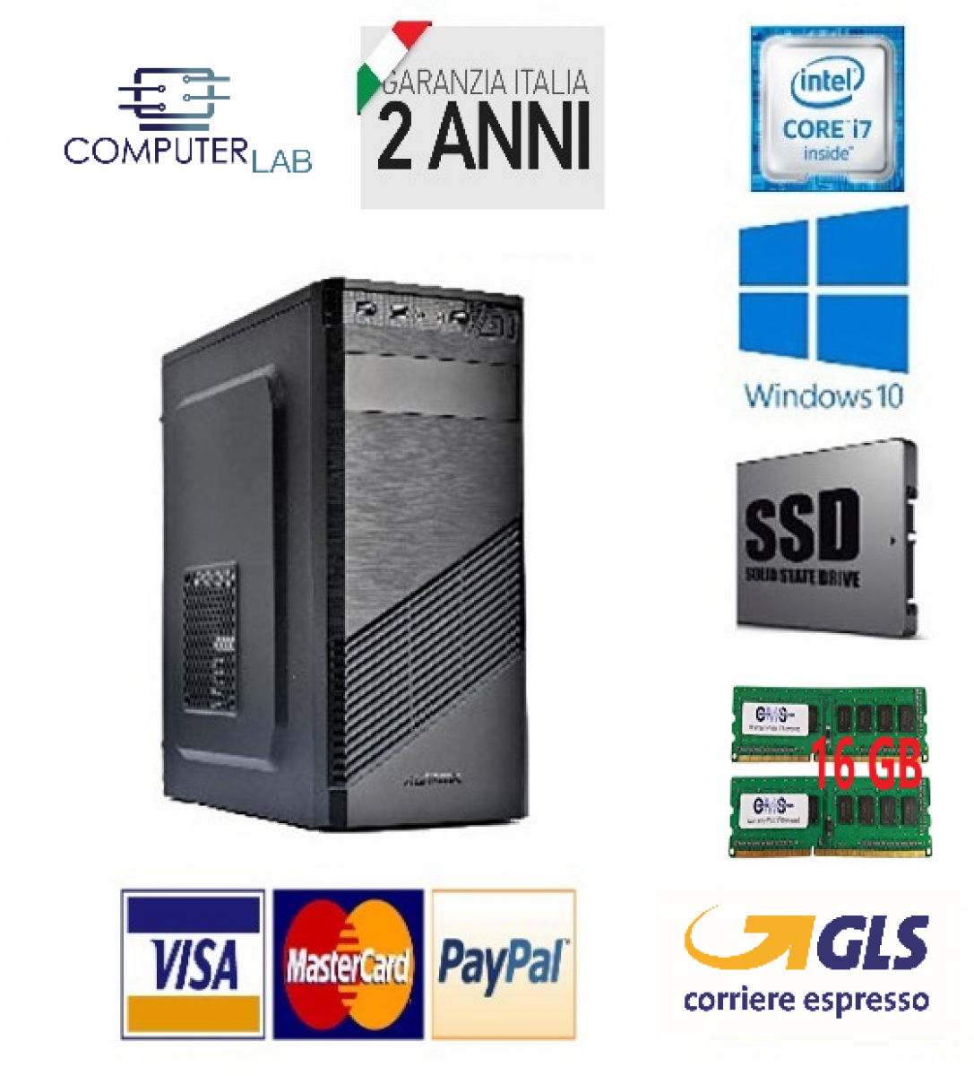 PC FISSO INTEL I7 16GB RAM DDR3 SSD 500GB WINDOWS 10 PRO IDEALE PER SMART WORKING E DIDATTICA A DISTANZA E UFFICIO 