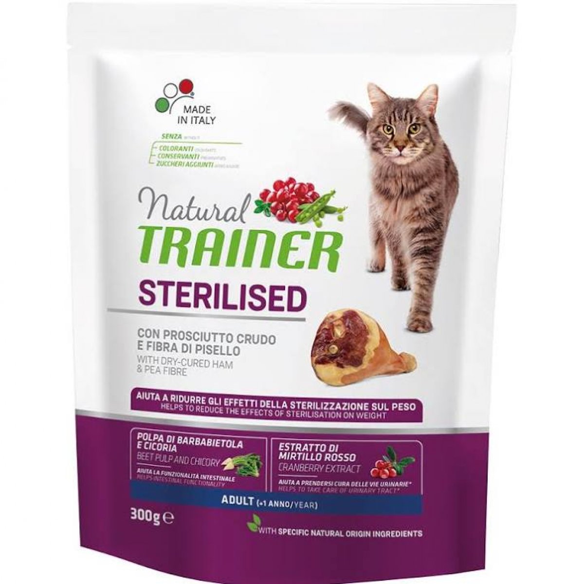 NATURAL TRAINER 300 gr crocchette per GATTI STERILIZZATI al PROSCIUTTO