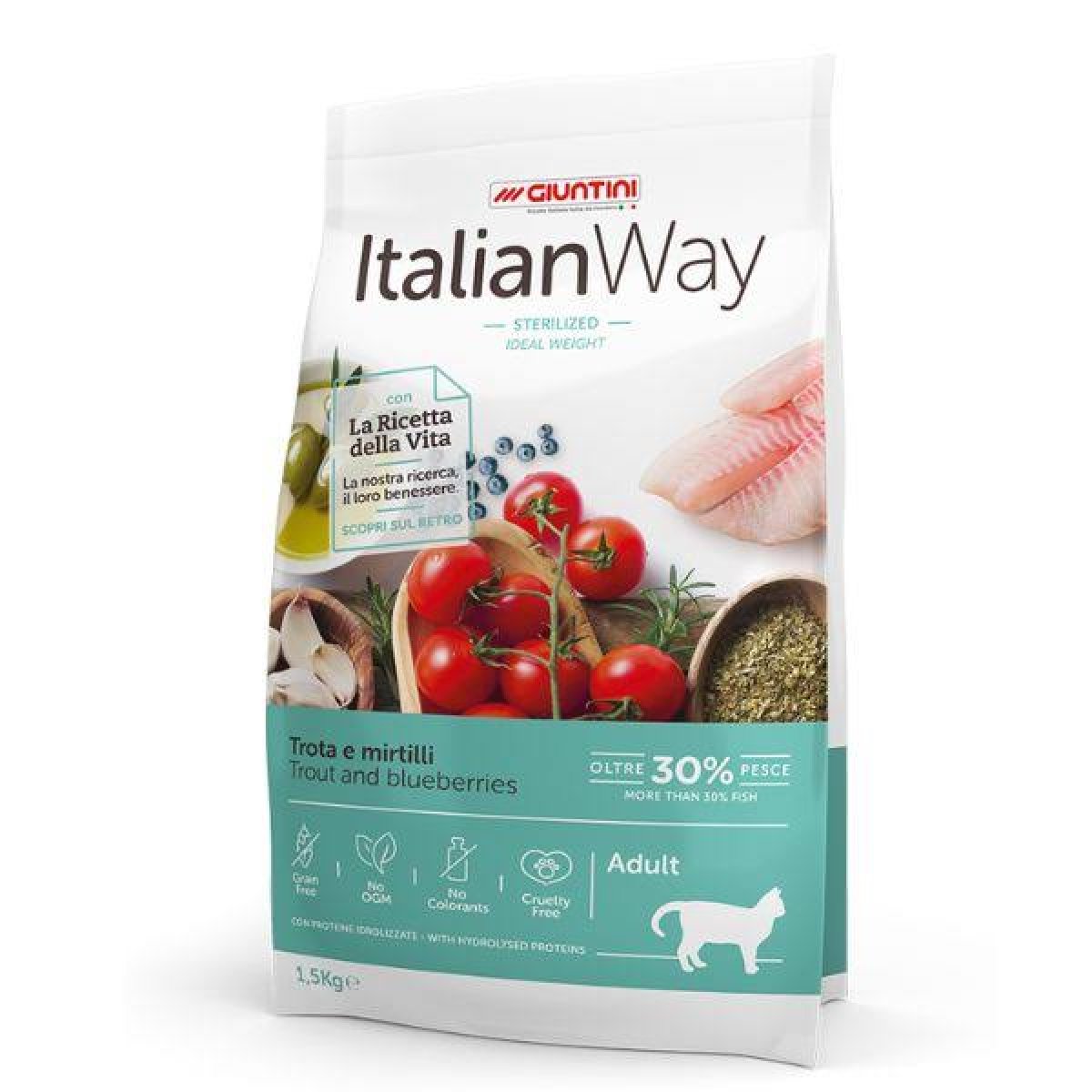 ITALIAN WAY STERILISED alimento per gatti adulti TROTA E MIRTILLI 1,5KG 
