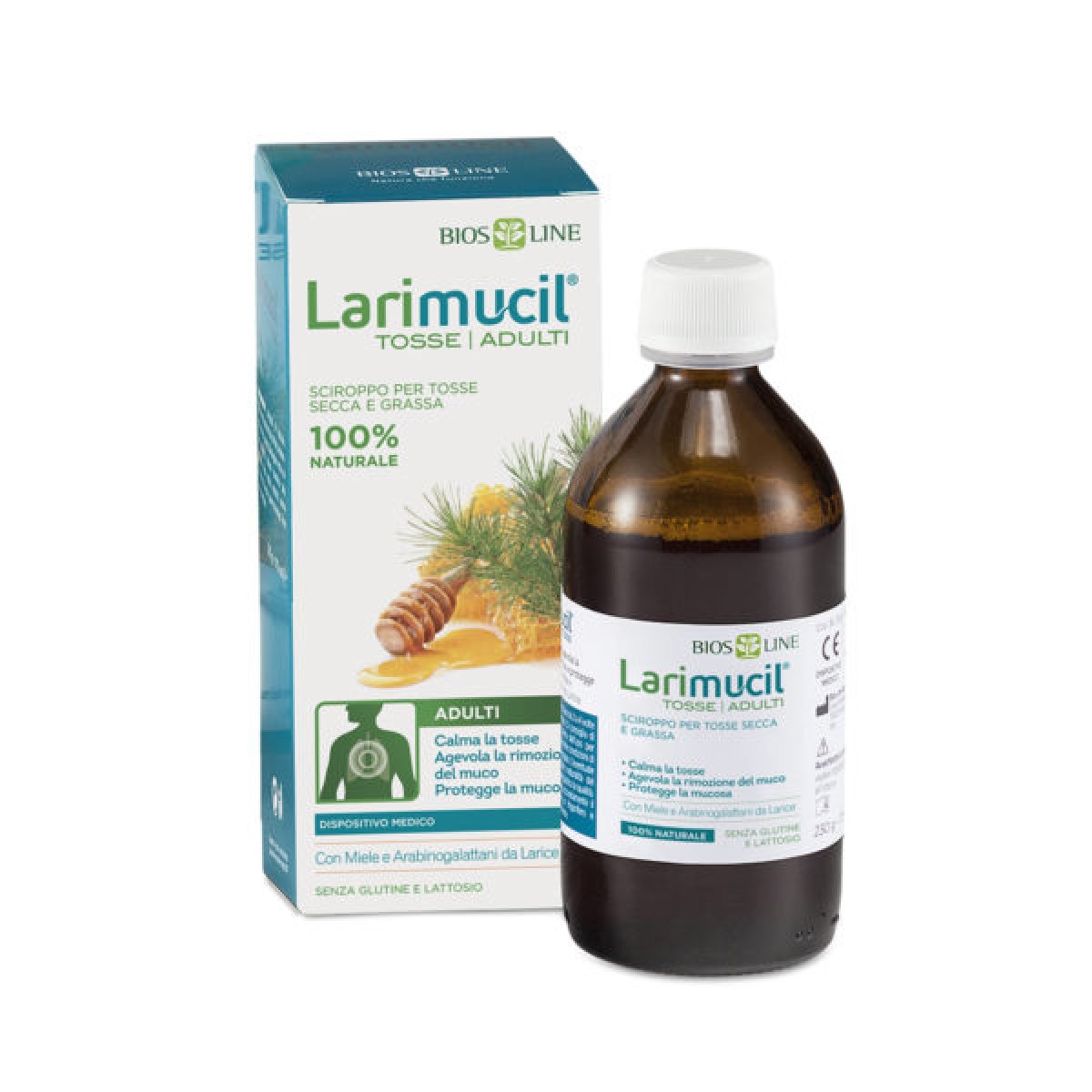 Larimucil® Tosse Adulti - Bios Line Per calmare la tosse secca e grassa, proteggendo la mucosa, e agevolare la rimozione del muco. Flacone da 175 ml.