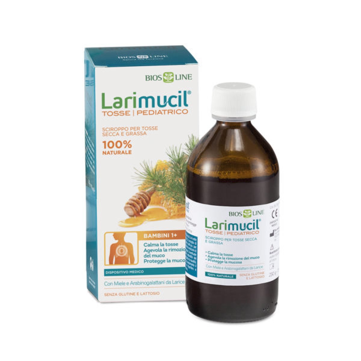 Larimucil® Tosse Pediatrico - Bios Line Per calmare la tosse secca e grassa, proteggendo la mucosa, e agevolare la rimozione del muco. Sciroppo per bambini dai 3 ai 12 anni. Flacone da 175 ml