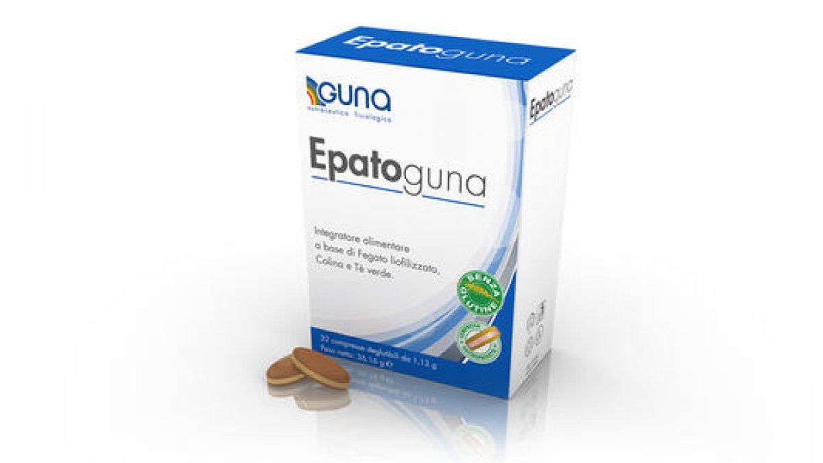GUNA EPATOGUNA Epatoguna è un integratore alimentare a base di Fegato liofilizzato, Colina e Tè verde che contribuiscono al mantenimento della funzionalità epatica. 32 compresse deglutibili