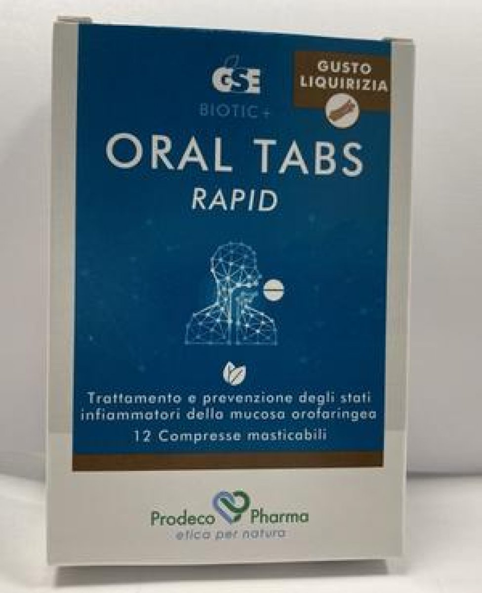 GSE ORAL TABS RAPID Adulti - Prodeco Pharma Per il trattamento e la prevenzione degli stati infiammatori della mucosa orofaringea: faringiti, tonsilliti, mal di gola, tosse irritativa. Confezione da 12 compresse.