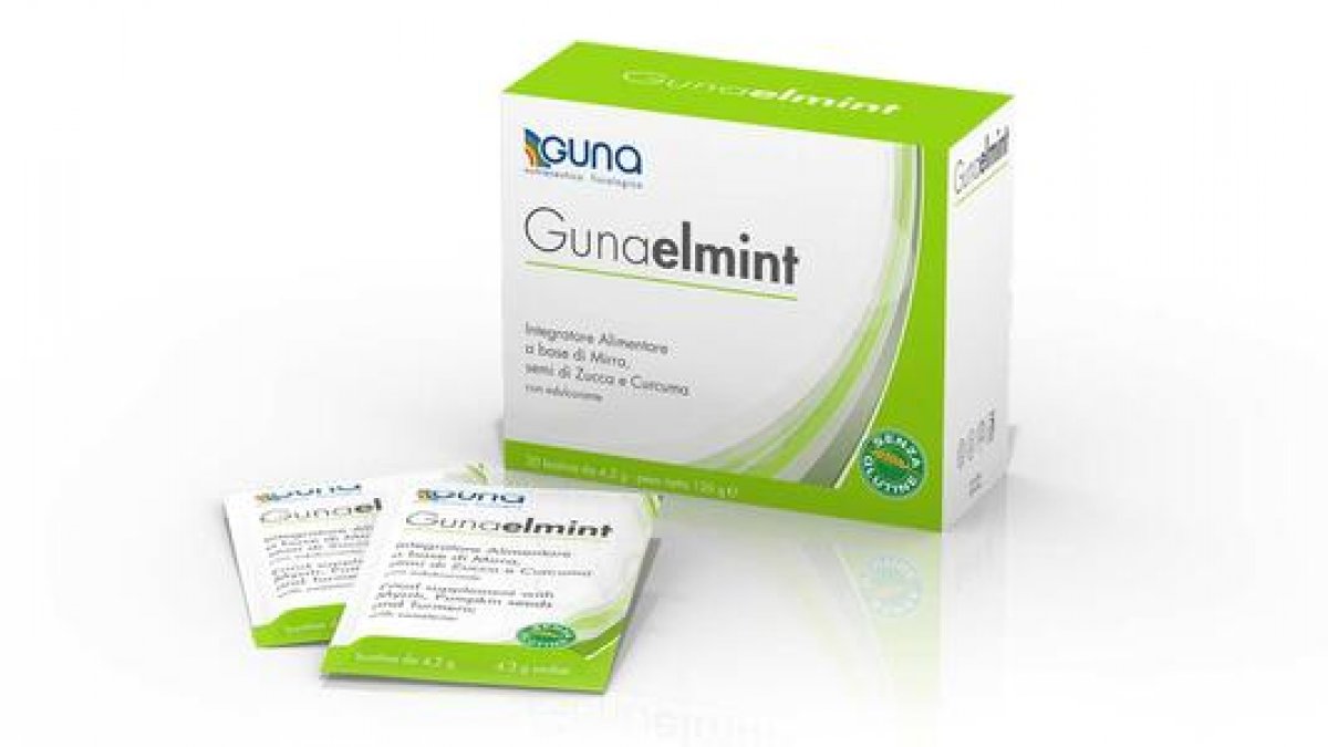 GUNA GUNAELMINT Integratore alimentare a base di estratti di Mirra, semi di Zucca e Curcuma che favorisce la funzionalità dell'apparato digerente, la funzionalità delle vie urinarie e sostiene la funzionalità epatica. CONFEZIONE DA 30 BUSTINE DA 4,2 g