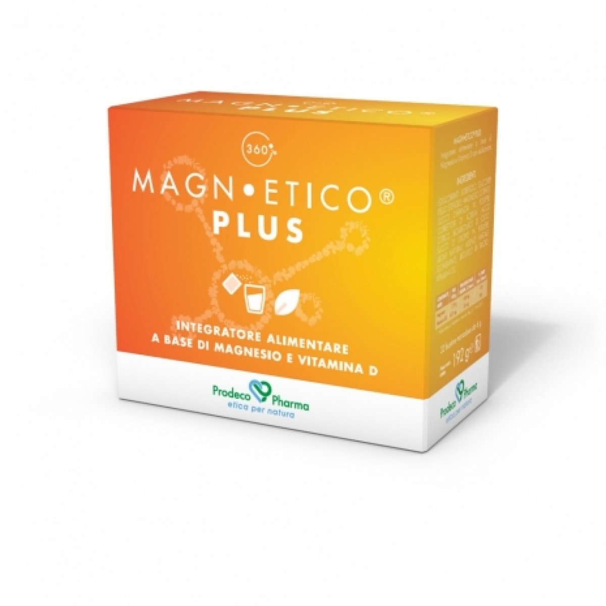 MAGNETICO® 360 PLUS - Magnesio e Vitamina D - Prodeco Pharma MAGN•ETICO® è un integratore alimentare a base di Magnesio e Vitamina D3 che aiutano a mantenere ossa e denti sani e la normale funzione muscolare. Confezione da 32 bustine monodose da 6 g ciascuna