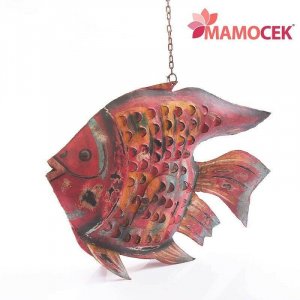 LANTERNA Pesce metallo rosso da appendere h50 decorazione portacandela mare